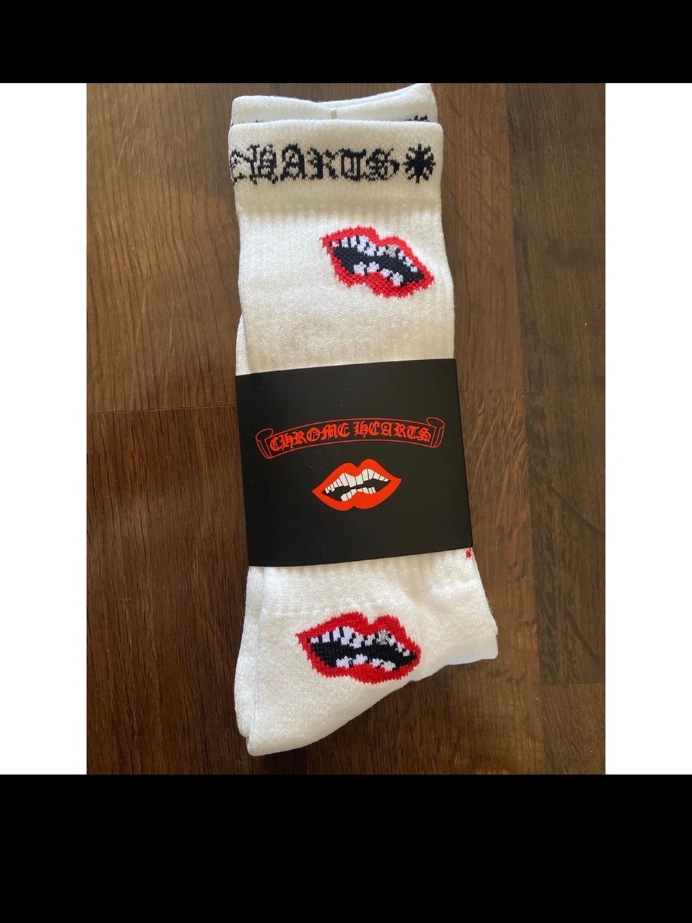 Chrome Hearts White Crew Socks with Red Lip Motif